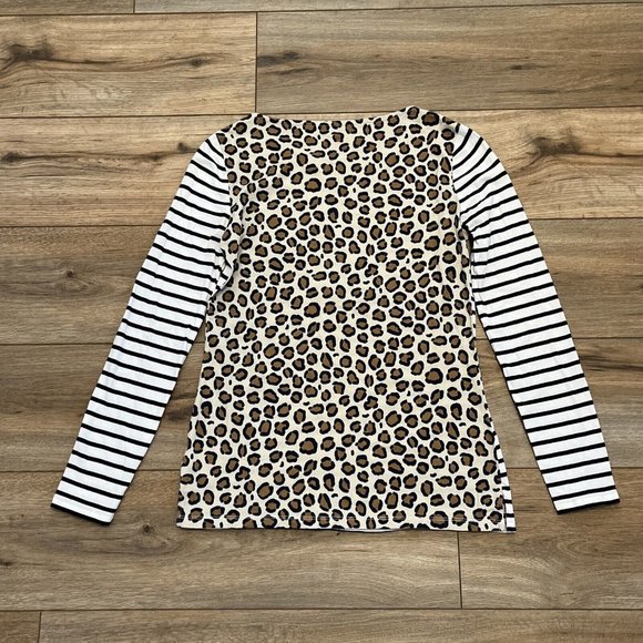 Women's Boden Benton Pocket T Shirt SZ 4 Striped Leopard Print Cotton L/S - Picture 9 of 10